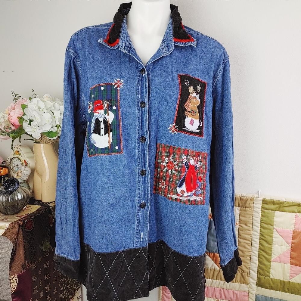 🎄LAST CHANCE🎄 Vintage 90s Winter Snowman Denim Button Down Shirt Jacket